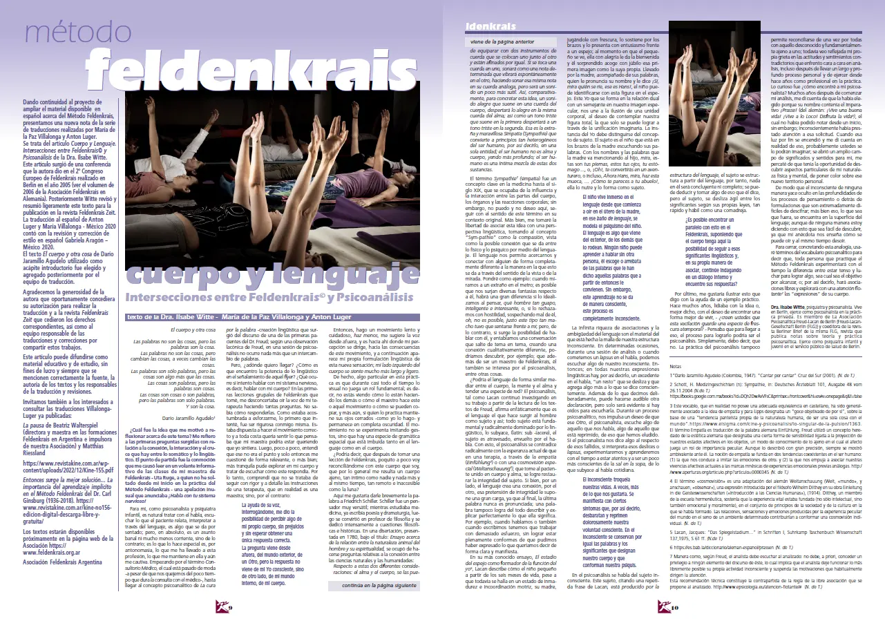 Doble página revista Kiné con nota sobre Feldenkrais, cuerpo y lenguaje